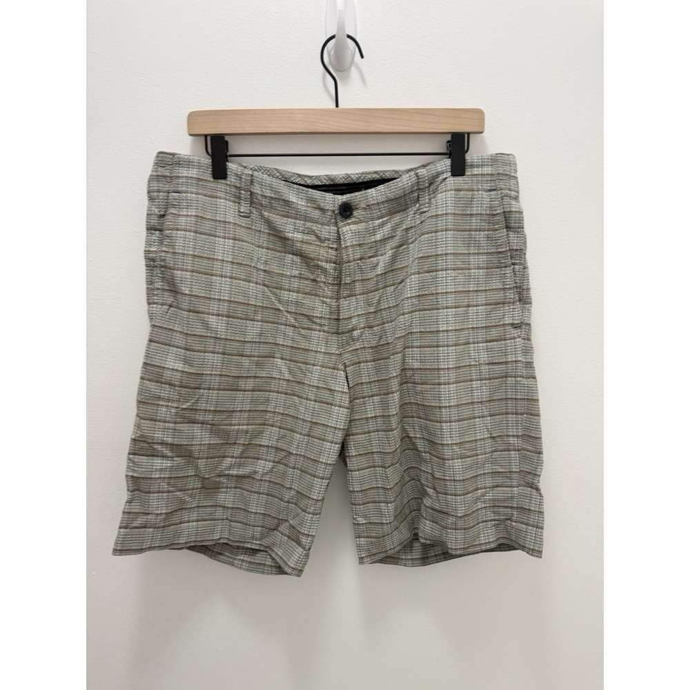 Tommy Bahama Mens 34 Gray Brown Plaid Seersucker Shorts Flat Front Stretch